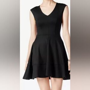 Flare black mini dress with cap sleeve